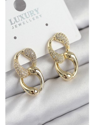 Pirinç Zirkon Taşlı Zincir Model Gold Renk Kadın Küpe