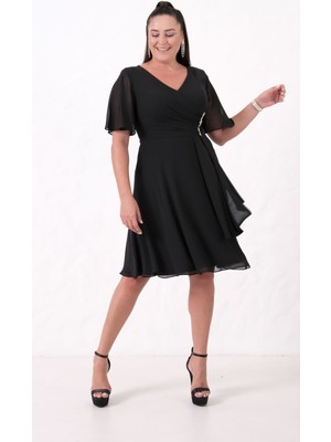Kadın Siyah V Yaka Taşlı Büyük Beden Şifon Abiye Elbise