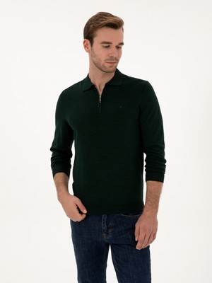 Cacharel Erkek Zümrüt Regular Fit Yün Karışımlı Fermuarlı Polo Yaka Basic Triko Kazak 50315297-VR055