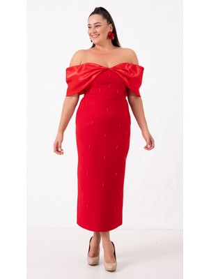 Kadın Kırmızı Kayık Yaka Incili Söz Nişan Nikah Abiye Elbise