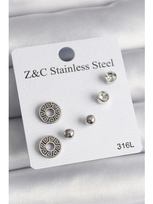 316L Çelik Gümüş Renk Zirkon Taşlı Labirent Model Kadın Küpe Seti