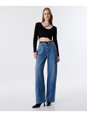 Sloganlı Elastik Bel Jean Pantolon TW6250018022629