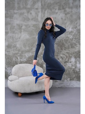 Fitilli Triko Elbise Indigo Lacivert