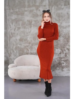 Fitilli Triko Elbise Kiremit Turuncu