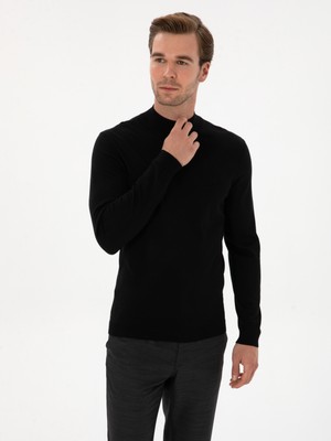 Cacharel Erkek Siyah Slim Yün Karışımlı Fit Yarım Balıkçı Basic Triko Kazak 50315296-VR046