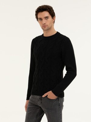 Cacharel Erkek Siyah Regular Fit Yün Karışımlı Bisiklet Yaka Triko Kazak 50277314-VR046