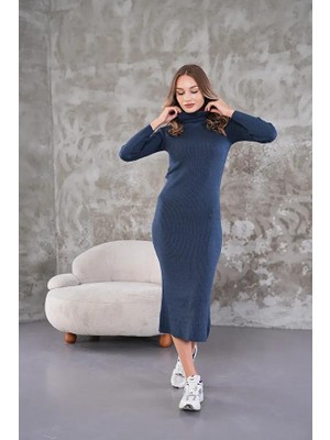Fitilli Triko Elbise Lacivert