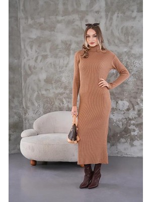Fitilli Triko Elbise Vizon Kahverengi