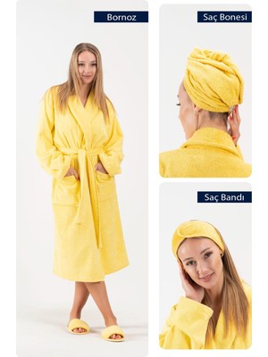Cottonverse 3'lü Bornoz Seti - %100 Pamuk Bornoz , Saç Bonesi , Saç Bandı Unısex