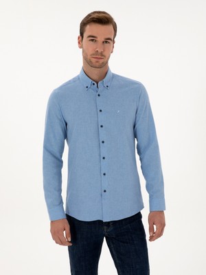 Cacharel Erkek Açık Mavi Slim Fit Pamuk Karışımlı Yakası Düğmeli Flanel Gömlek 50318243-VR003