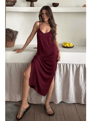 Kadın Siyah Asansör Askılı Çift Yırtmaçlı Helen Elbise