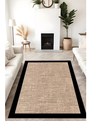 Dijital Baskı Jüt Görünümlü Siyah Çerçeveli Modern Makinada Yıkanabilir Salon Mutfak Yolluk Halısı