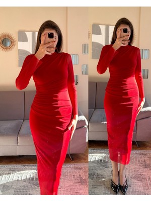 Kadın Drapeli Tül Kumaş Uzun Kollu Midi Boy Elbise