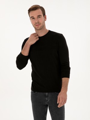 Cacharel Erkek Siyah Slim Fit Pamuk Karışımlı Bisiklet Yaka Triko Kazak 50318982-VR046