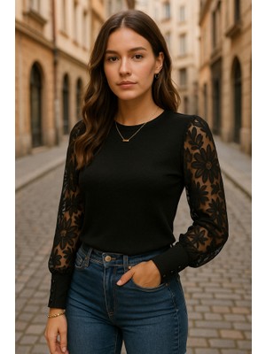 Kadın Uzun Kollu Bisiklet Yaka Kolları Çiçekli Waffle Bluz