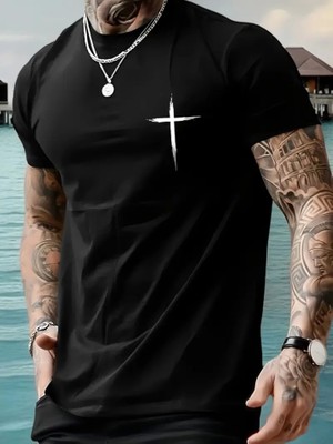 Baskılı Oversize Bisiklet Yaka T-Shirt - Siyah