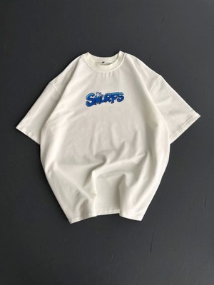 Ön ve Arka Baskılı Oversize Bisiklet Yaka T-Shirt- Beyaz