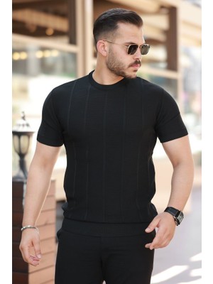 Erkek Desenli Çizgi Kabartmalı Kısa Kollu Tişört