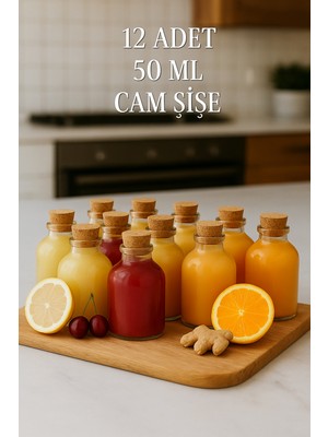 12 Adet Şeffaf Cam Shot Şişesi Mantar Tıpalı Hediyelik Koku Süs Çok Amaçlı Şişe 50ML