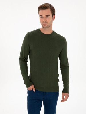 Cacharel Erkek Koyu Haki Slim Fit Yün Karışımlı Bisiklet Yaka Triko Kazak 50311867-VR111