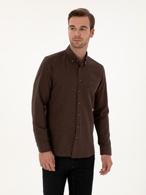 Cacharel Erkek Koyu Kahverengi Slim Fit Pamuk Karışımlı Yakası Düğmeli Flanel Gömlek 50318243-VR084