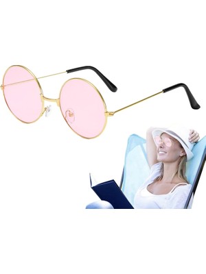Yuvarlak Cam John Lennon Tarzı Gold Pembe Gözlük