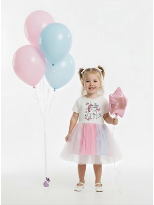 Unicorn Baskılı Renkli Tüllü Penye Özel Gün Kız Çocuk Elbisesi