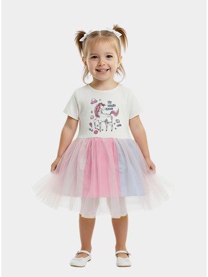 Unicorn Baskılı Renkli Tüllü Penye Özel Gün Kız Çocuk Elbisesi