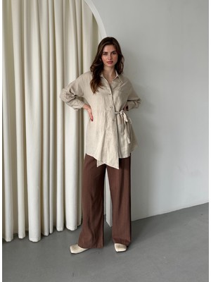 Natural %100 Pamuk Çapraz Düğmeli Beli Kemerli Gömlek