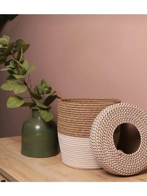 Modern Bej Hasır Jüt Kapaklı Şık Çöp Kovası