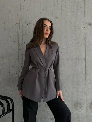 Kadın Antrasit Bel Bağlamalı Blazer Ceket