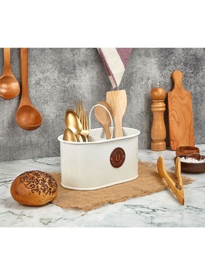 Tezgah Üstü 2 Bölmeli Metal Düzenleyici, Şık ve Kullanışlı Kaşıklık Beyaz