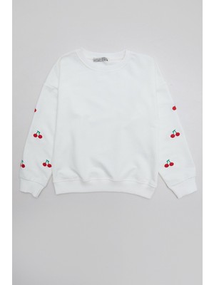 Kolları Kiraz Nakışlı Kız Çocuk Sweatshirt