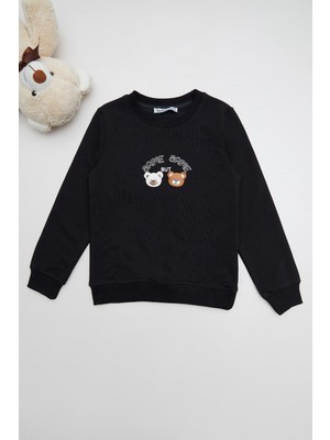Ayıcık Nakışlı Bisiklet Yaka Kız Çocuk Sweatshirt