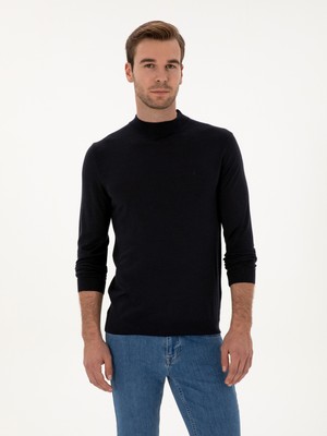 Cacharel Erkek Lacivert Slim Fit Kaşmir İpek Karışımlı Çeyrek Balıkçı Yaka Triko Kazak 50316299-VR033