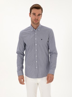 Cacharel Erkek Lacivert Slim Fit %100 Pamuk Yakası Düğmeli Çizgili Oxford Gömlek 50317994-VR033