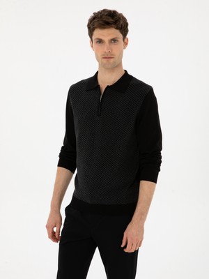 Cacharel Erkek Siyah Slim Fit Pamuk Karışımlı Fermuarlı Polo Yaka Triko Kazak 50318948-VR046