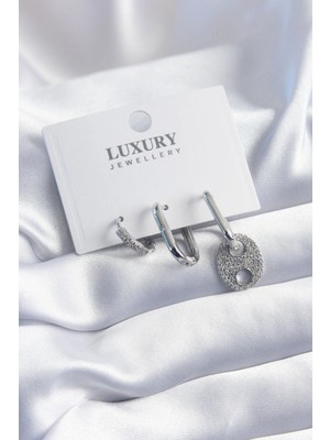 Pirinç Gümüş Renk Zirkon Taşlı 3'lü Kadın Küpe Seti