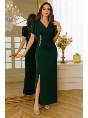 Arben Boutique Kadın Kısa Kollu Kruvaze Yakalı Belden Çiçek Aksesuarlı Yırtmaçlı Ithal Krep Elbise