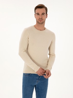 Cacharel Erkek Bej Slim Fit Pamuk Karışımlı Bisiklet Yaka Basic Triko Kazak 50318620-VR011