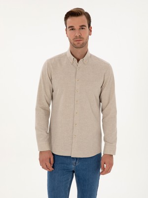 Cacharel Erkek Bej Slim Fit Pamuk Karışımlı Yakası Düğmeli Flanel Gömlek 50318243-VR011