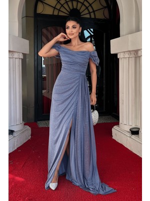 Simli Kumaş Büzgü Detaylı Balık Abiye Elbise - Indigo Mavi