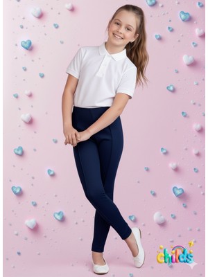 Çelik Interlok Lacivert Pamuklu Likralı Kız Çocuk Nervür Dikişli Okul Için Pantolon Tayt