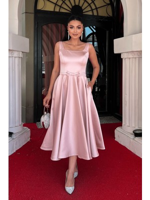Saten Kumaş Kalın Askılı Midi Boy Elbise - Pudra