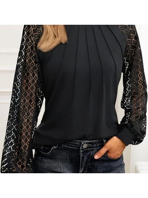 Mdb Kadın Uzun Kollu Yarı Balıkçı Yaka Önü Nervürlü Viskon Iki Iplik Bluz