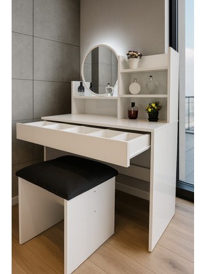 Çavdar Mobilya Aynalı Led Işıklı Makyaj Masası - Tabureli Beyaz Ledli Makyaj Masası