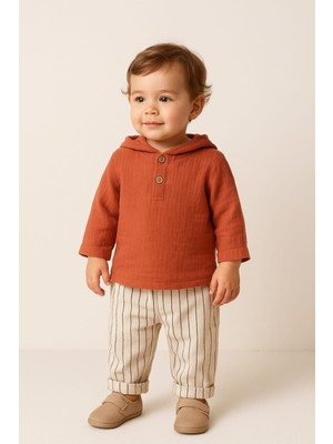 Pio Kids %100 Pamuk Keten Müslin Katlanabilir Kollu Kapüşonlu Jogger Alt 6-24 Ay Erkek Bebek Çocuk Takım