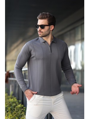 Antrasit Polo Yaka Fermuarlı Erkek Kazak E7427