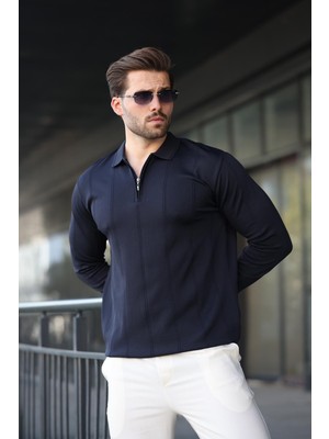 Lacivert Polo Yaka Fermuarlı Erkek Kazak E7427