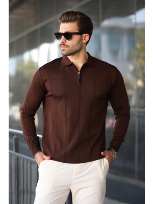 Kahverengi Polo Yaka Fermuarlı Erkek Kazak E7427